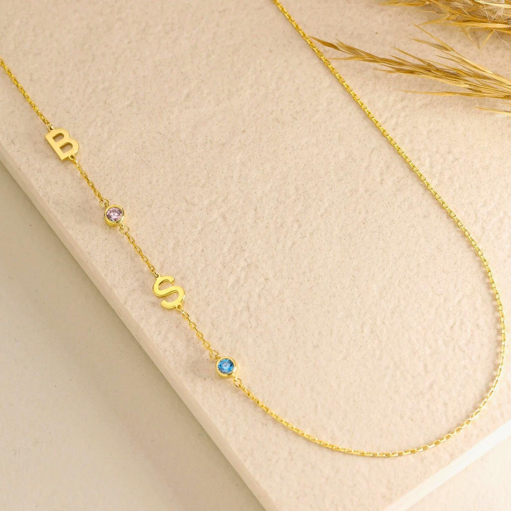 Sideways Birthstone Necklace - Personalized Initial Necklace - Demi Fine Jewelry - Gift For Her By DoreElla