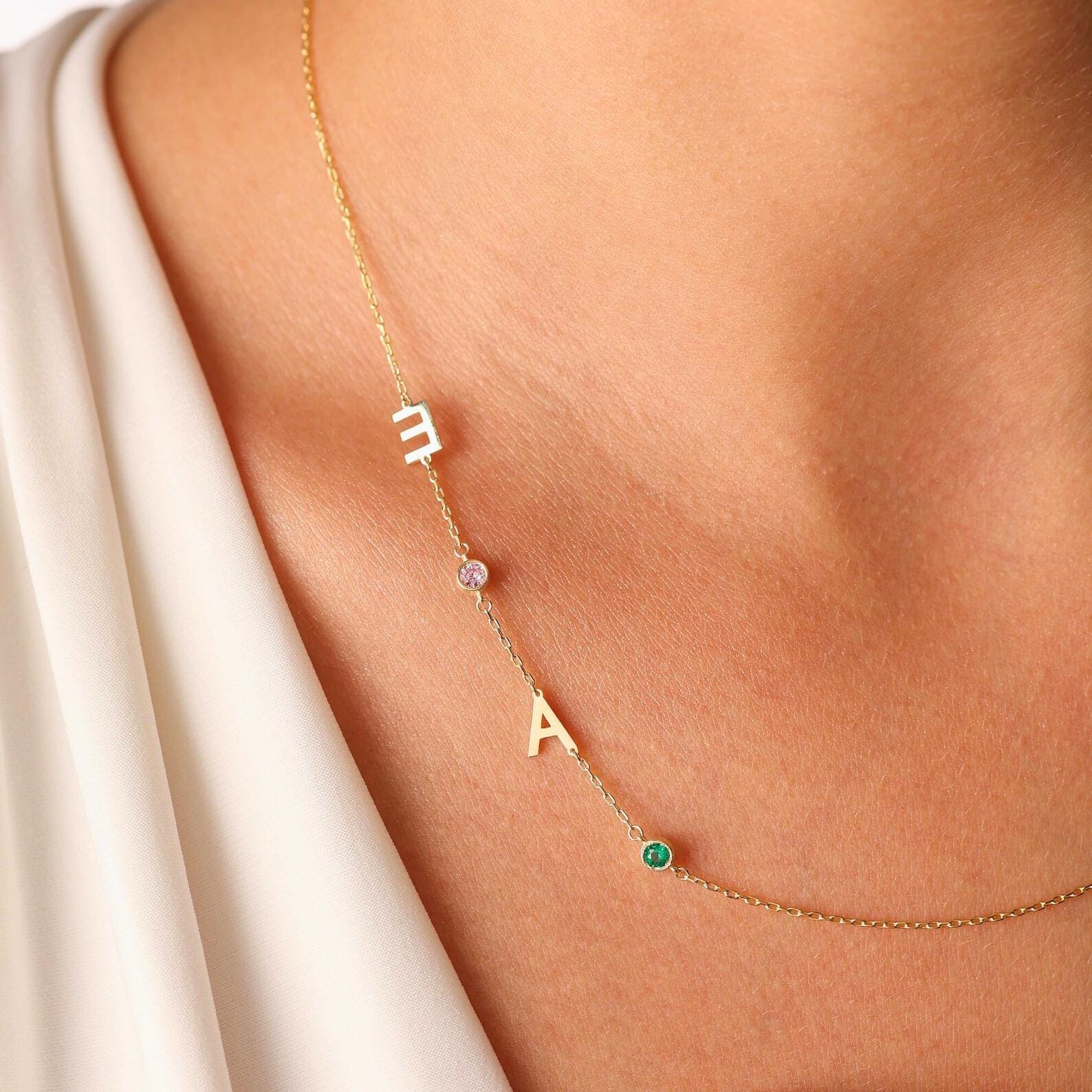 Sideways Birthstone Necklace - Personalized Initial Necklace - Demi Fine Jewelry - Gift For Her By DoreElla