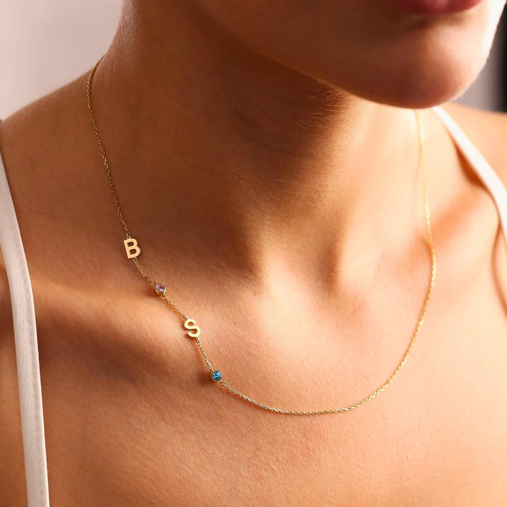 Sideways Birthstone Necklace - Personalized Initial Necklace - Demi Fine Jewelry - Gift For Her By DoreElla